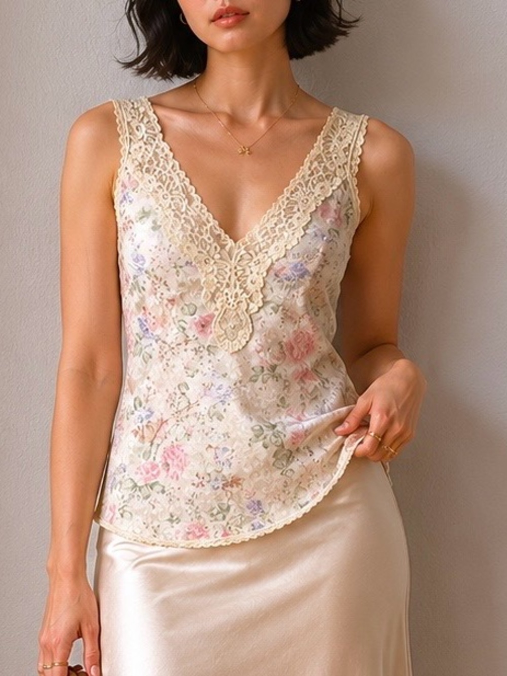 Vintage 90s Floral Satin Lace Cami Top Coquette Cottagecore Romantic